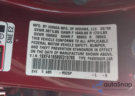 2009 Honda Civic Lx z USA, uszkodzony, nr VIN 19XFA16589E015785
